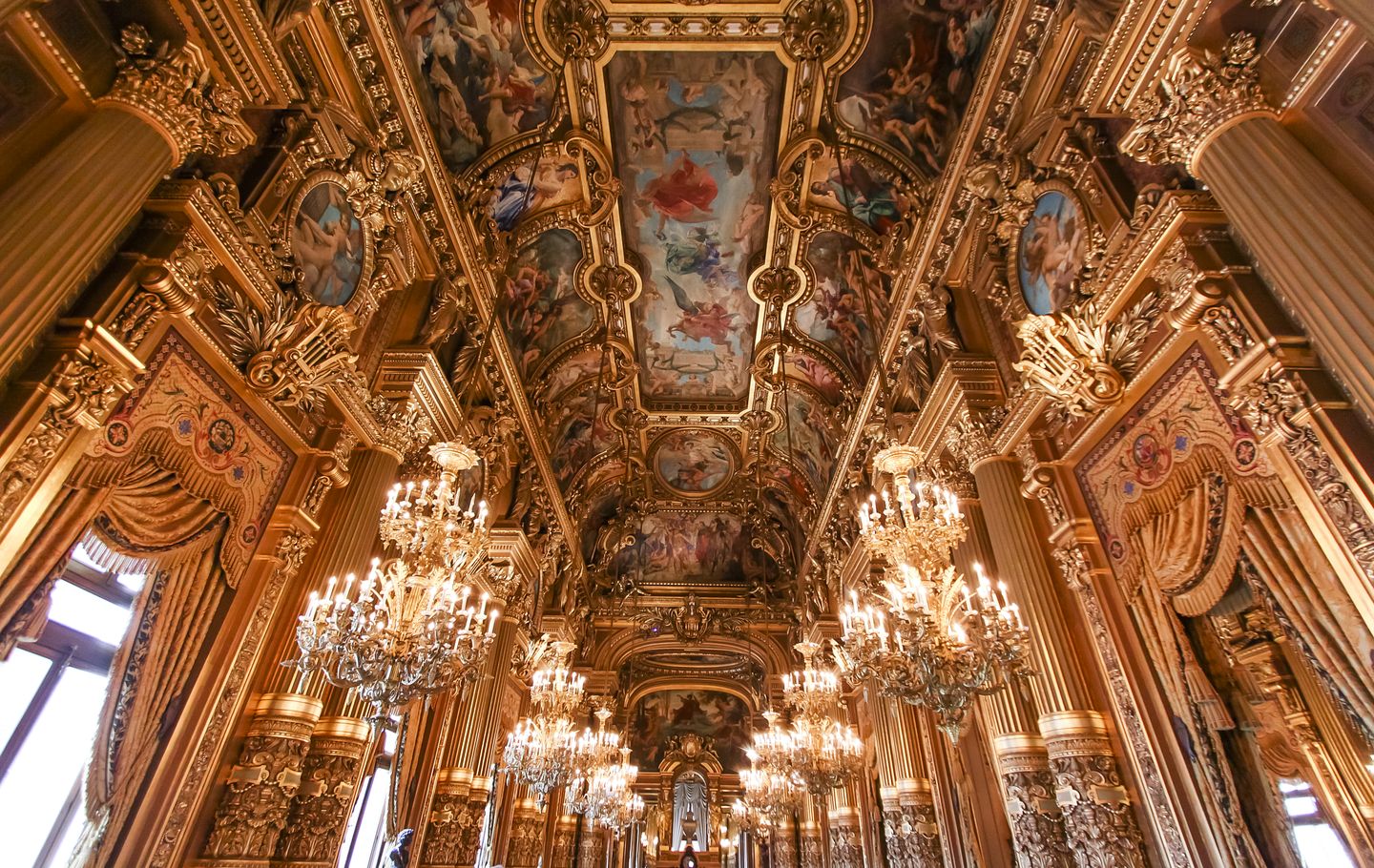 The stunning painted ceiling of Palais Garnier, the opera house in Palace