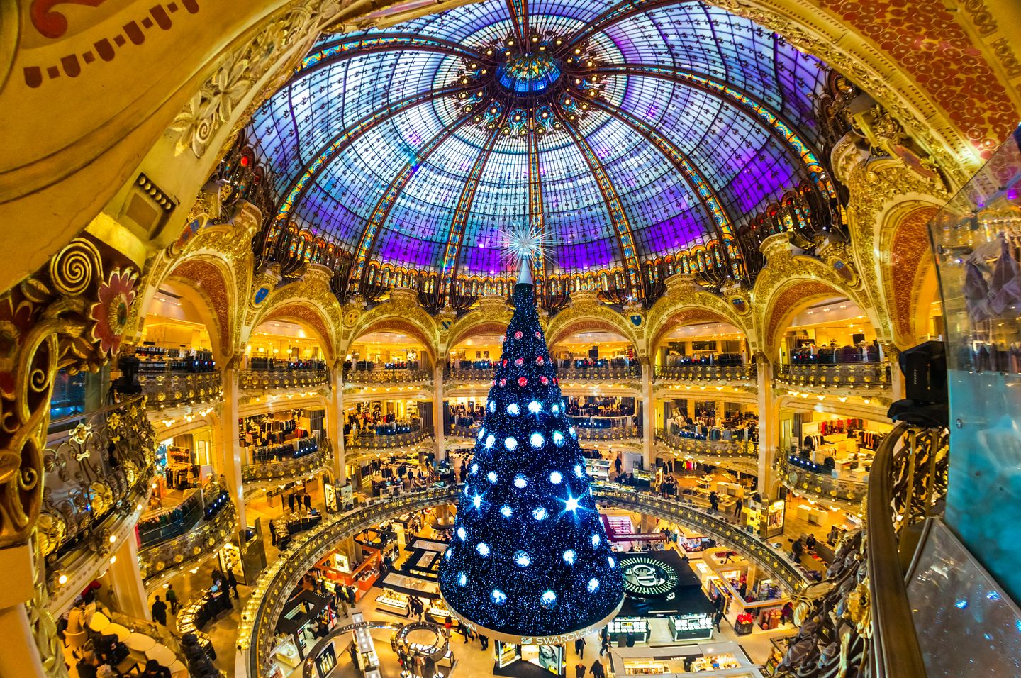 The Christmas tree and decorations at the Galeries Lafayette in Paris.