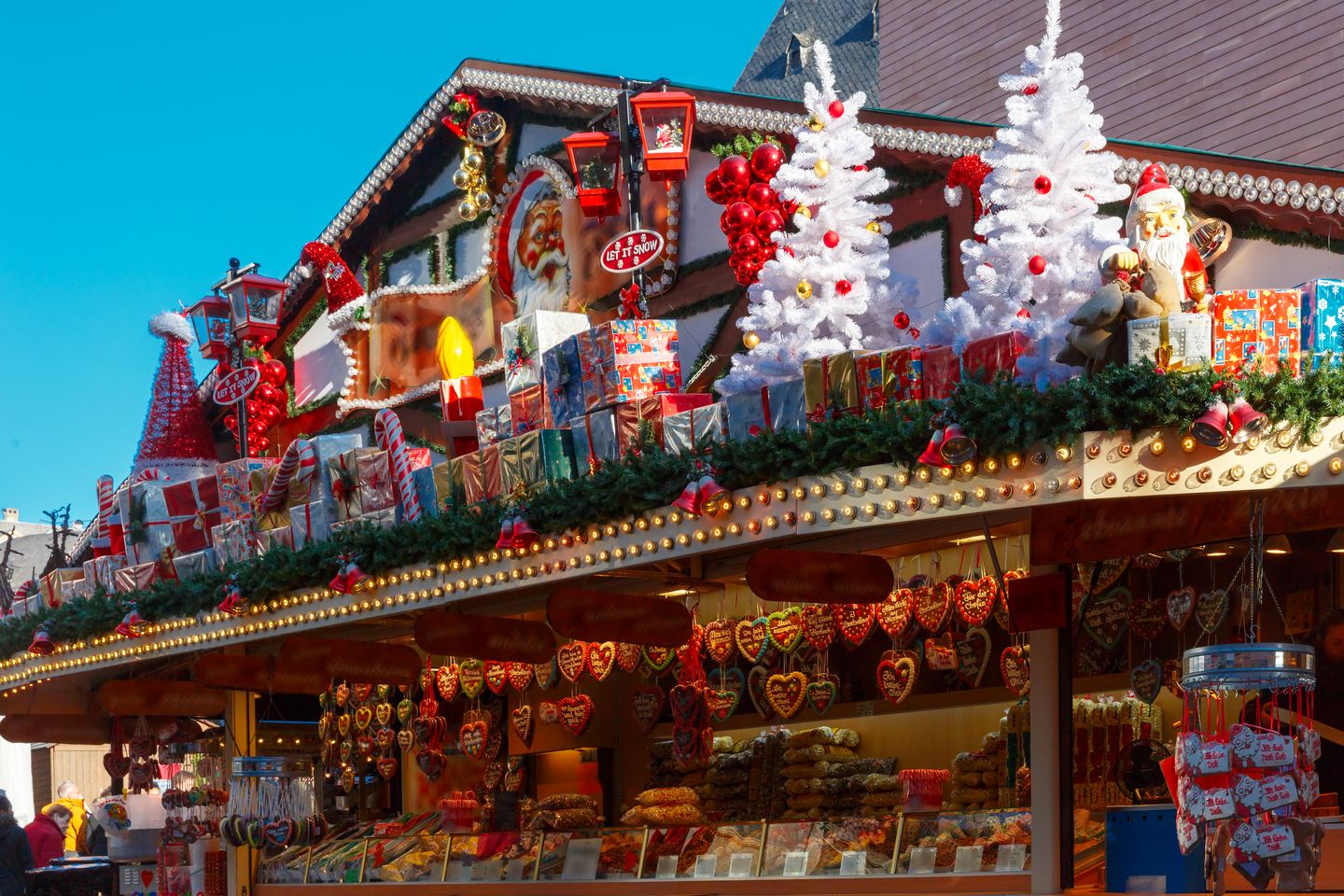Decorated stalls at the Christmas market in Strasbourg, France.