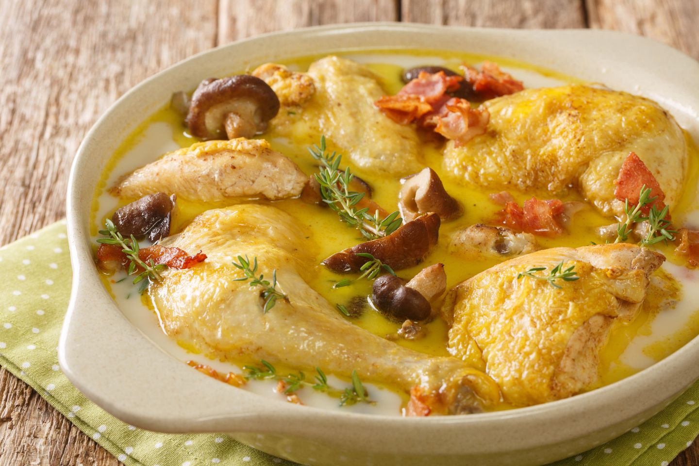 Coq au Riesling, Alsatian chicken in white wine with cream, bacon and mushrooms.