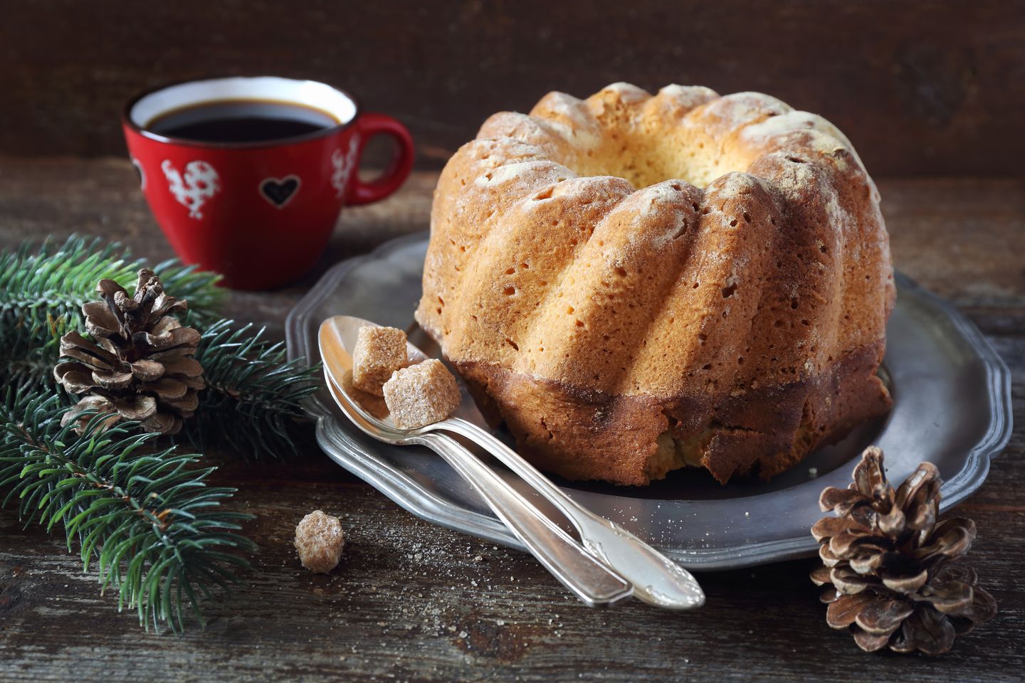 Kougelhopf, a traditional Alsatian cake, with a cup of coffee.