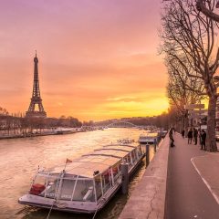 The Seine River with the Eiffel Tower in the distance at sunset in winter